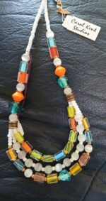 Necklace, brilliant beads summer colors. Adjusts to 18" Hand made in California. Carol Kent.
