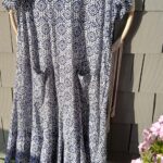 Cotton V neck dress handprint in navy on white. Very slightly fitted by Dolma.