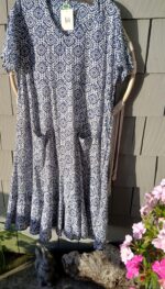 Cotton V neck dress handprint in navy on white. Very slightly fitted by Dolma.