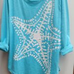 Turquoise cotton slub jersey t shirt | white starfish handprint relaxed loose fit by Marushka