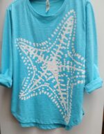 Turquoise cotton slub jersey t shirt | white starfish handprint relaxed loose fit by Marushka