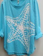 Turquoise cotton slub jersey t shirt | white starfish handprint relaxed loose fit by Marushka - Image 5