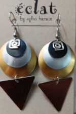 Choice of 2 dangle earrings one neutral, one turquoise, gold, green, and lavender combo in light aluminum by Eclat CA artist.