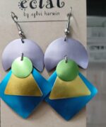 Choice of 2 dangle earrings one neutral, one turquoise, gold, green, and lavender combo in light aluminum by Eclat CA artist. - Image 3