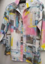 Eco friendly feather light woven cotton jacket. Collared top abstract summer print