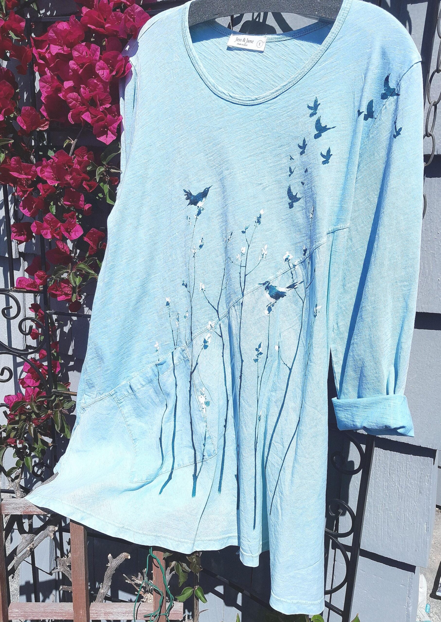 il_fullxfull.6852859020_7xpf.jpg Botanical Bird Print Tunic, Linen Cotton Top, Women's Spring Shirt, Handmade USA, Eco Friendly, Jess & Jane, 3/4 Sleeve - Image 1