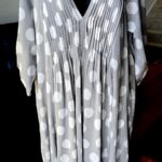 Gray sky cotton gauze dress polka dot lined travel dress with pockets lightweight cruise cover up cool fit 45" length true to size by Dolma
