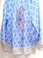 Artisan Embroidered Boho Blouse | Blue White Cotton Peasant Top | Sustainable Handmade by Dolma | Travel Ready