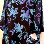Fairytale Tunic in hand batik black-blue rich floral print on plant based rayon. V-neck and 2 pockets. Nature lovers' treat.