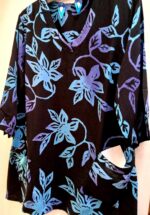 Fairytale Tunic in hand batik black-blue rich floral print on plant based rayon. V-neck and 2 pockets. Nature lovers' treat.