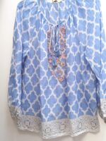 Artisan Embroidered Boho Blouse | Blue White Cotton Peasant Top | Sustainable Handmade by Dolma | Travel Ready - Image 6