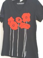 Ladies v-neck black poppy short sleeve t-shirt with orange flower silkscreen by Marushka USA made fitted style.