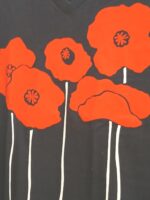 Ladies v-neck black poppy short sleeve t-shirt with orange flower silkscreen by Marushka USA made fitted style. - Image 3