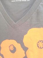 Ladies v-neck black poppy short sleeve t-shirt with orange flower silkscreen by Marushka USA made fitted style. - Image 4