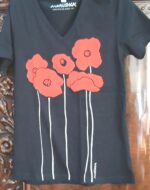 Ladies v-neck black poppy short sleeve t-shirt with orange flower silkscreen by Marushka USA made fitted style. - Image 2
