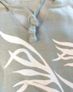 Marushka. Longer length body style. Hand screened light fleece hoodie. Sage with seagrass design. - Image 2