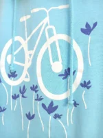 Turquoise Fleece Artwear Hoodie: Bike & Flowers, USA Made lightweight reduced price. Unisex. - Image 2