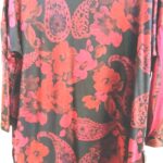 Artisan Red Paisley Tunic | Black Slinky High-Low Hem | Sustainable 3/4 Sleeve Stretch Top | Holiday Style