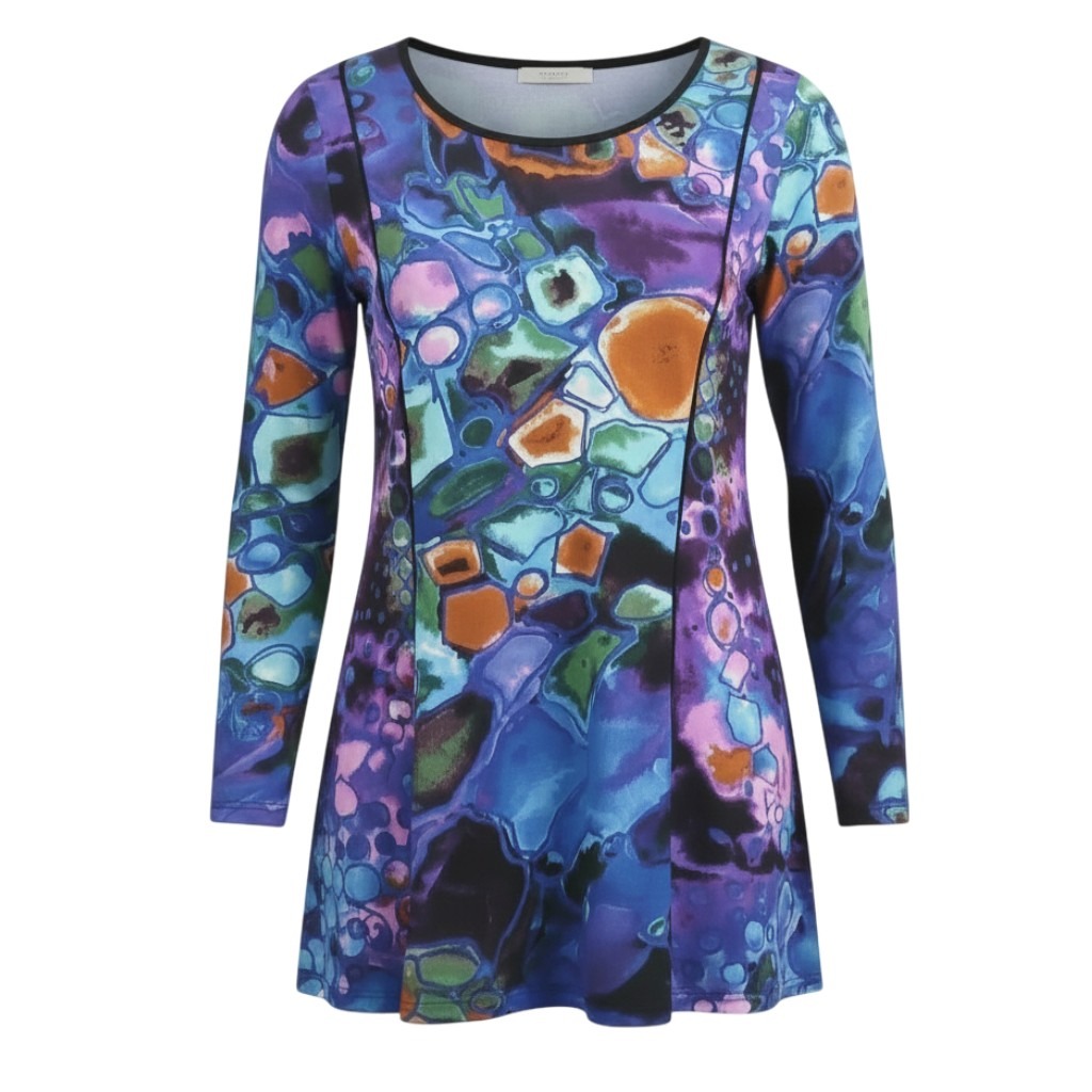 klaveli abalone (1) Abalone print tailored blouse with colorful abstract pattern in blue purple and orange by Klaveli Italian designer