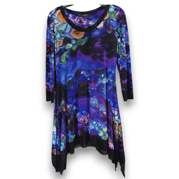 Abalone print tailored tunic with asymmetric hem in vibrant blue and purple floral pattern