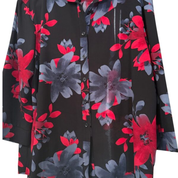 Scaled product image of Klaveli georgette blouse with red and gray floral pattern made in USA by Italian designer