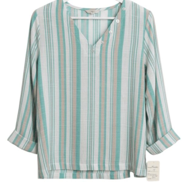 V Neck linen top striped beige and turquoise soft elegant rayon linen blend lightweight boutique blouse by Klaveli